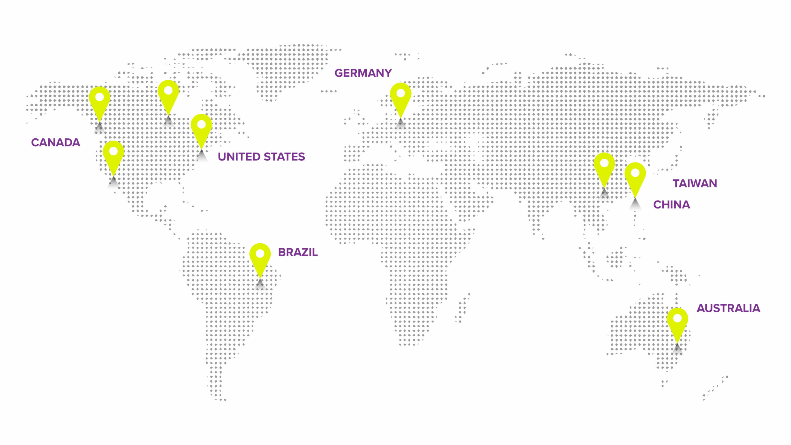 Image: World map with pins on USA, Canada, Brazil, Germany, China, Australia, Taiwan
